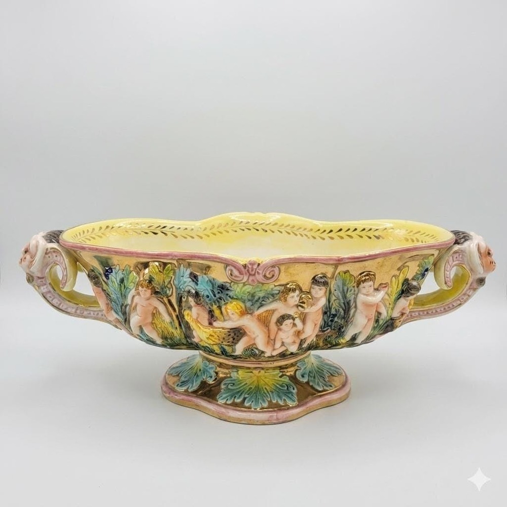 VINTAGE ITALIAN CAPODIMONTE STYLE CHERUB CENTERPIECE BOWL GOLD‎ GILT PUTTI 18"